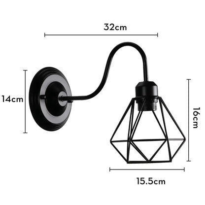 Black metal wall lamp with vintage industrial cage design featuring a geometric diamond-shaped decorbites industrial cage