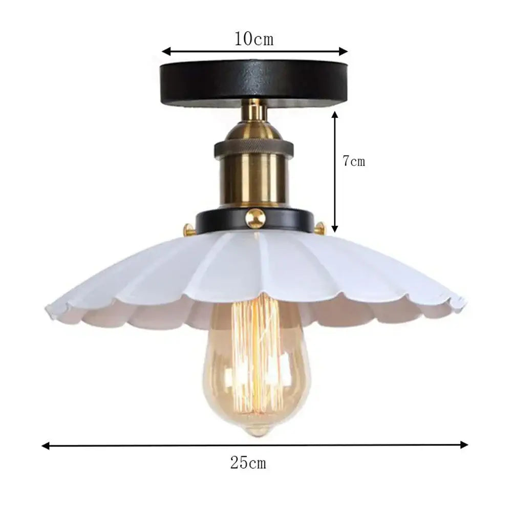Vintage industrial flush mount light with black metal base brass accents and white scalloped glass shade for kitchen decorbites industrial flush