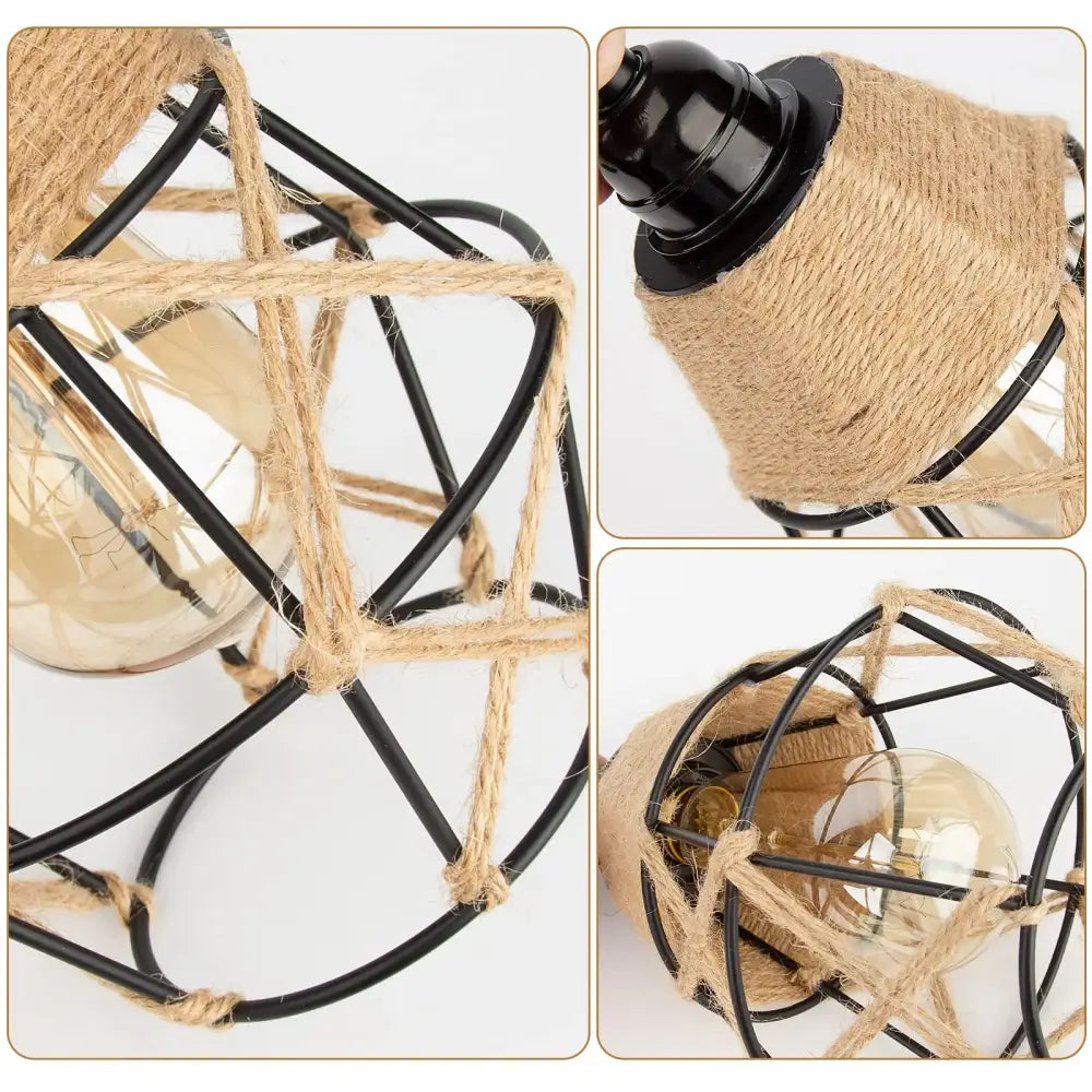 Black metal vintage industrial pendant light with natural hemp rope wrapping and clear glass bulb for dining room use