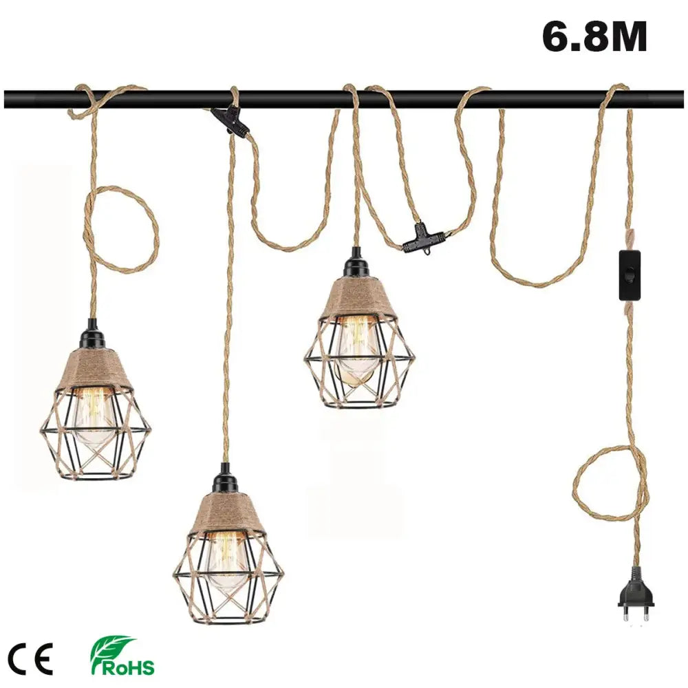 Vintage industrial pendant light with black metal cage and beige hemp rope cords for dining room fixture