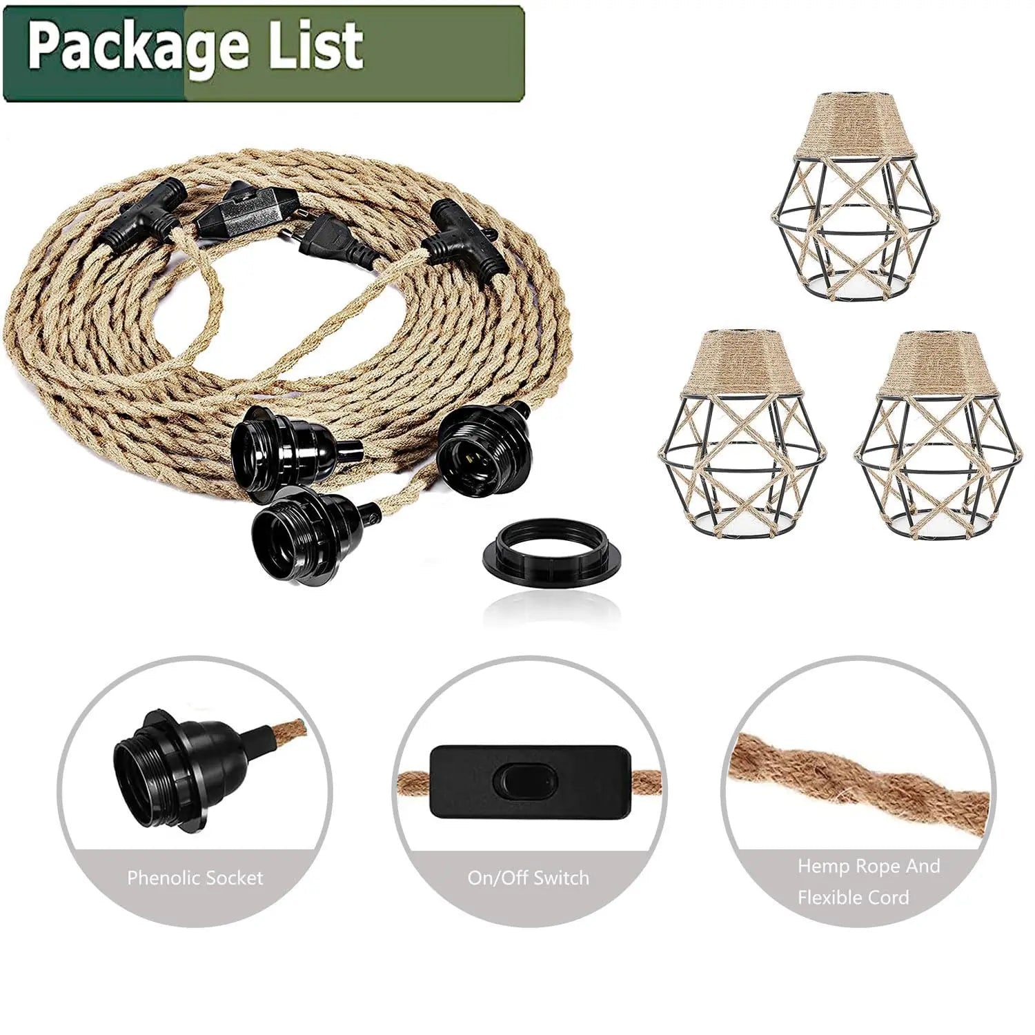 Vintage Industrial Hemp Rope Plug-In Pendant Light - Decorbites