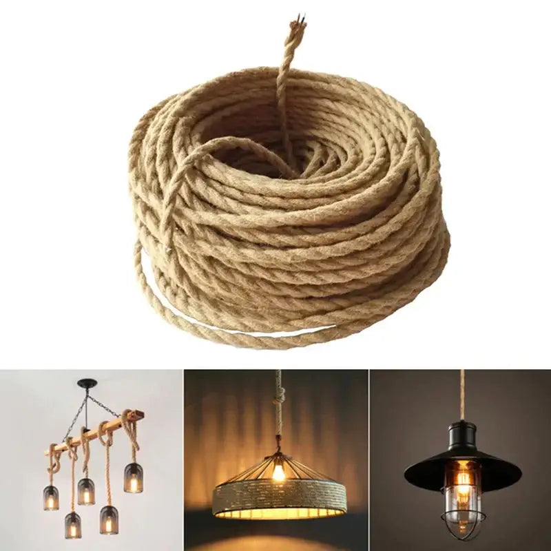 Coiled vintage industrial hemp rope in natural color woven textile wire for rustic living room lighting fixtures