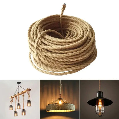 Coiled vintage industrial hemp rope in natural color woven textile wire for rustic living room lighting fixtures