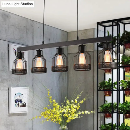 DecorBites vintage industrial island light with black wire guard metal frame and five exposed Edison bulbs