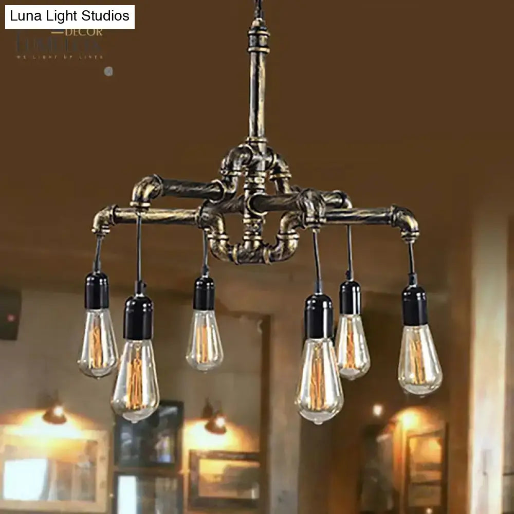 DecorBites™ vintage industrial metal and glass chandelier with antique brass finish and five hanging edison bulbs