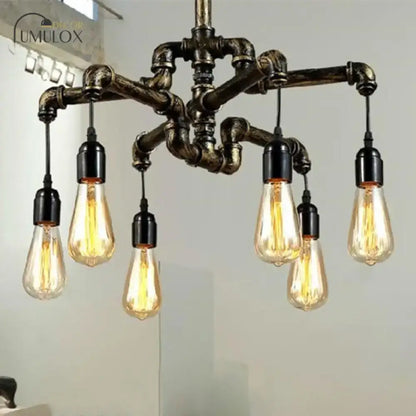 DecorBites™ vintage industrial metal and glass living room hanging light with dark rustic pipe chandelier and five amber bulbs