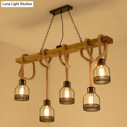 Industrial-style decorbites vintage style island lighting fixture with wooden beam and black metal cage pendant lights