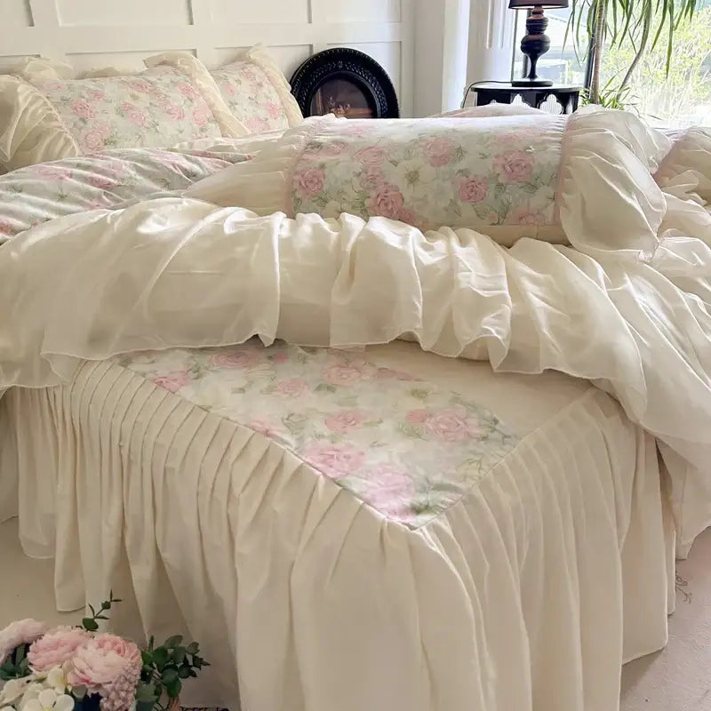 Cream-colored bedding set with pink rose floral patterns featuring decorbites french lace ruffles vintage style