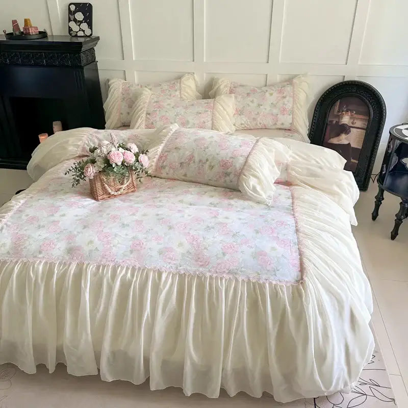 Vintage ivory and pink floral bedding set with french lace ruffles featuring decorbites french lace fabric and ruffled edges