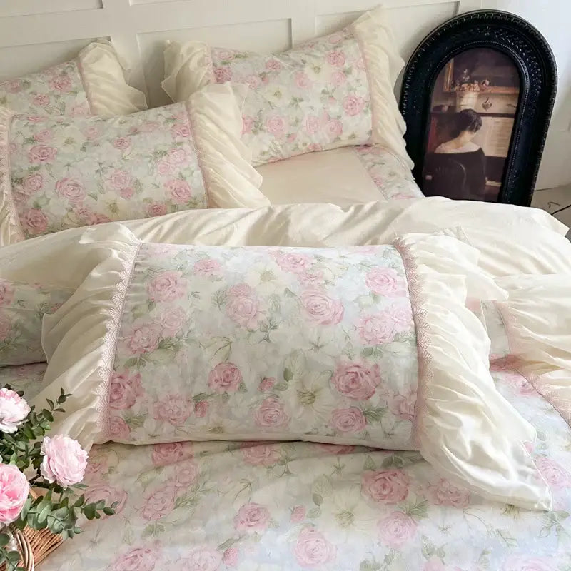 A soft cream-colored pillow sham with pink rose print and french lace ruffles from decorbites bedding set