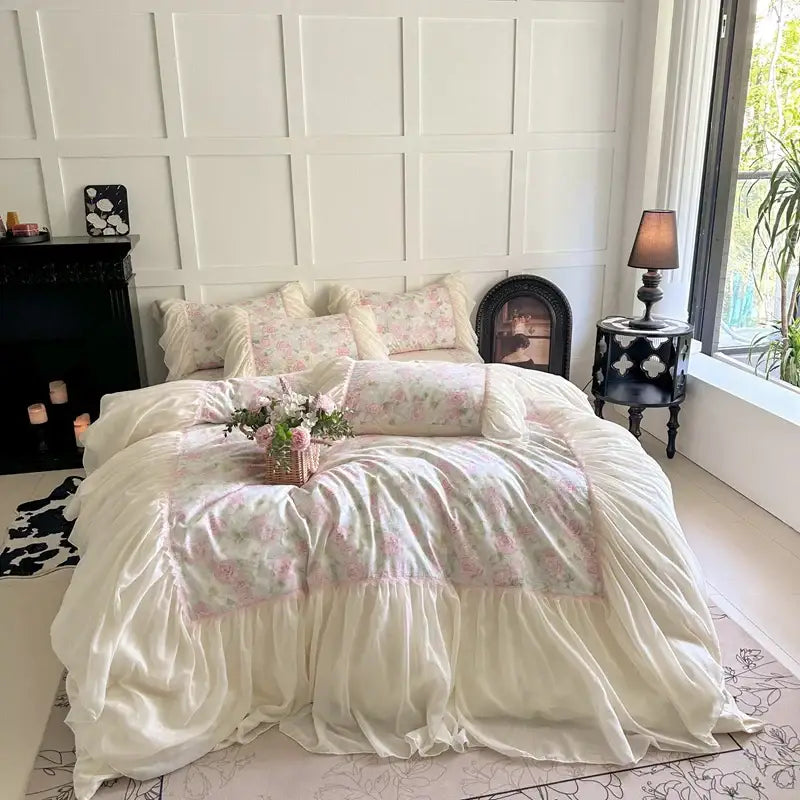 Vintage ivory and pink floral bedding set with delicate decorbites french lace ruffles for elegant bedroom decor