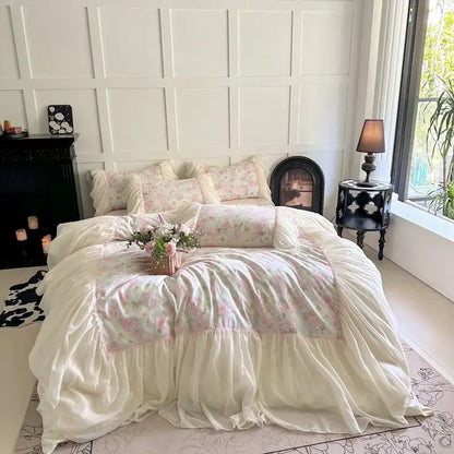 Vintage ivory and pink floral bedding set with delicate decorbites french lace ruffles for elegant bedroom decor