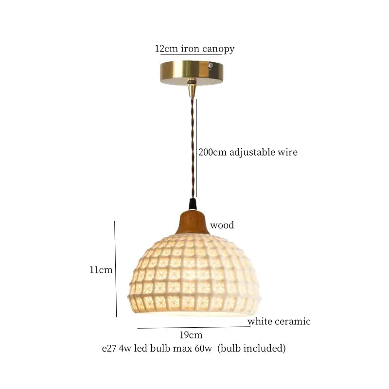 White ceramic vintage japanese pendant light with woven beige cloth led design and wooden accent for dining room decorbites
