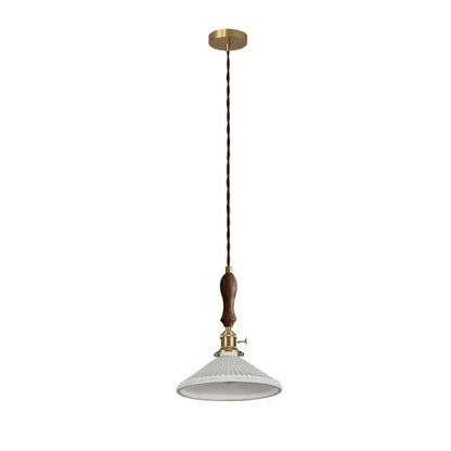 Vintage japanese ceramic led pendant lamp with brass ceiling mount, twisted brown cord, wooden handle, and white ribbed glass shade for decorbites ceramic led pendant use