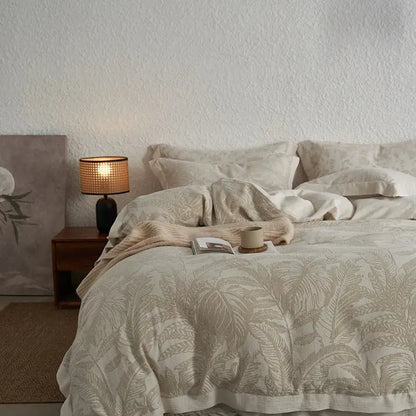 Beige linen duvet cover bedding set with vintage lace fern embroidery made from health wrinkled yarn for bedroom use