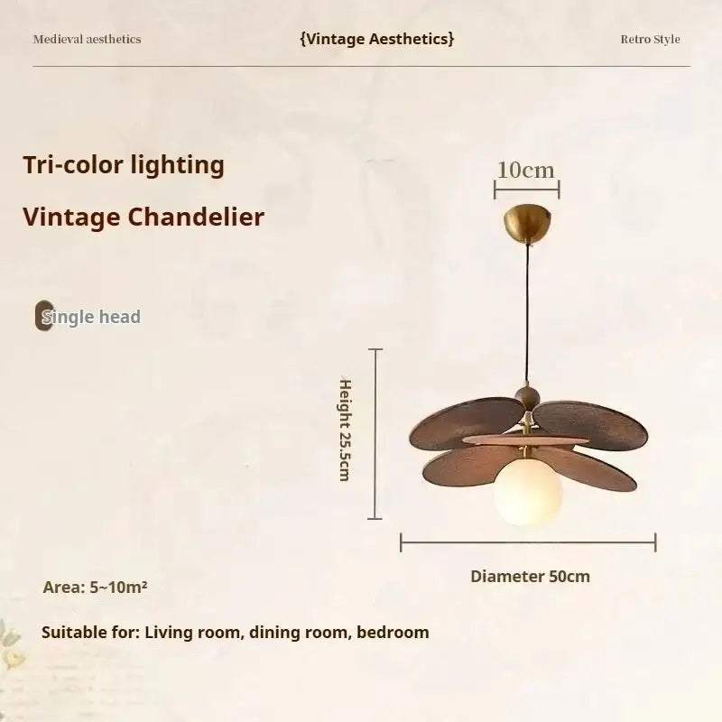 Vintage layered wood petal pendant light with dark bronze leaf-shaped arms and tri-color lighting for dining room use