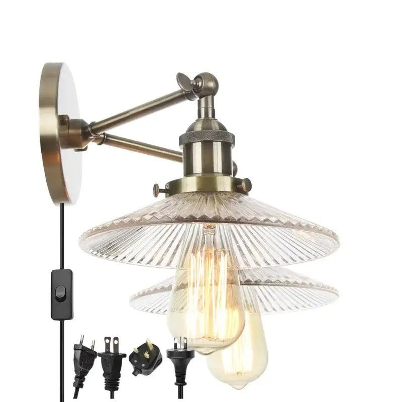 Antique brass vintage loft wall lamp with tiered ribbed glass shades and exposed edison bulbs from decorbites industrial vintage
