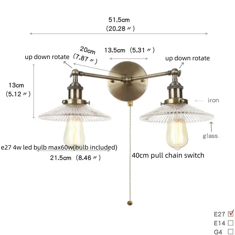 Vintage loft brass wall lamp with antique double-arm sconce and clear ribbed glass shades for bedroom decorbites industrial vintage