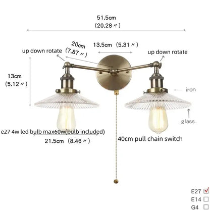 Vintage loft brass wall lamp with antique double-arm sconce and clear ribbed glass shades for bedroom decorbites industrial vintage