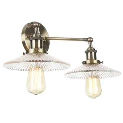 Antique brass vintage loft wall lamp with double arm ribbed glass shades and exposed filament bulbs for bedroom decorbites industrial vintage