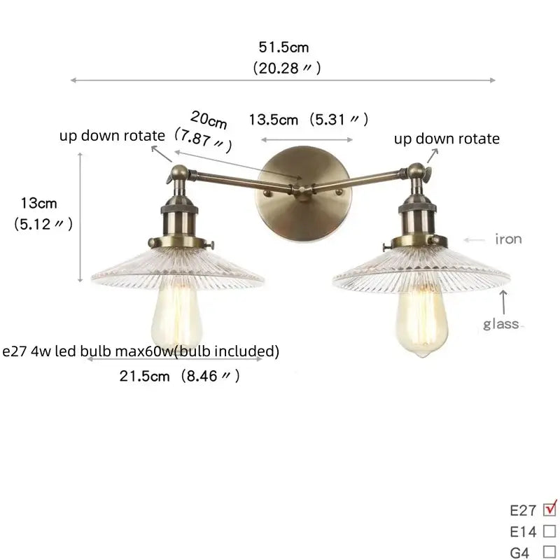 Antique brass vintage loft wall lamp with two adjustable arms and ribbed glass shades for bedroom decorbites industrial vintage