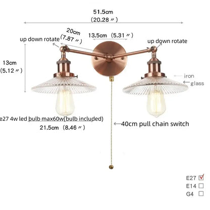 Vintage loft copper-toned wall lamp with two adjustable arms and clear glass shades for decorbites industrial vintage style