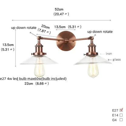 Copper-toned vintage loft wall lamp with two adjustable arms and clear ribbed glass shades for industrial bedroom decorbites