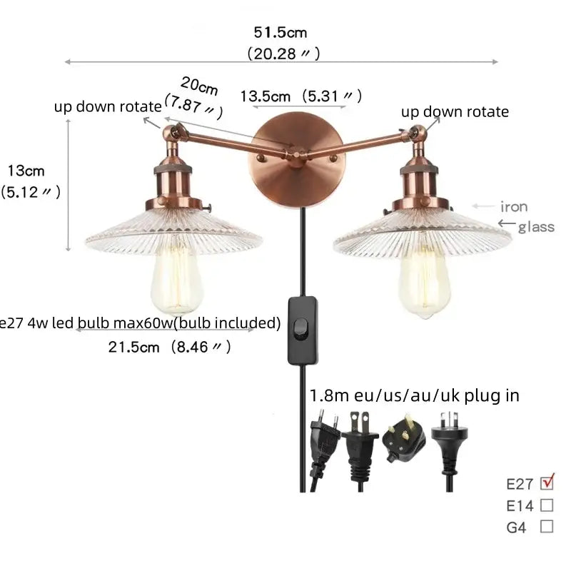 Copper-toned vintage loft wall lamp with double-arm design, ribbed glass shades, and exposed Edison bulbs for bedroom decor