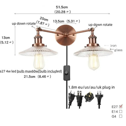 Copper-toned vintage loft wall lamp with double-arm design, ribbed glass shades, and exposed Edison bulbs for bedroom decor