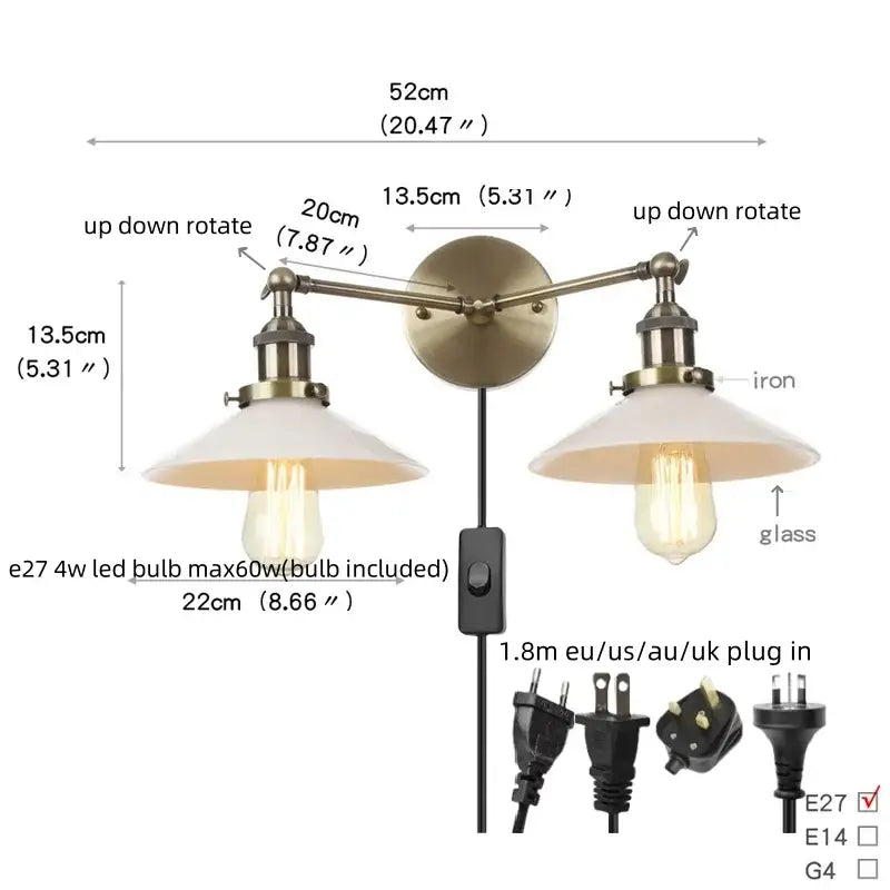 Vintage loft brass wall lamp with double arm frosted glass shades and edison led bulbs for decorbites industrial vintage