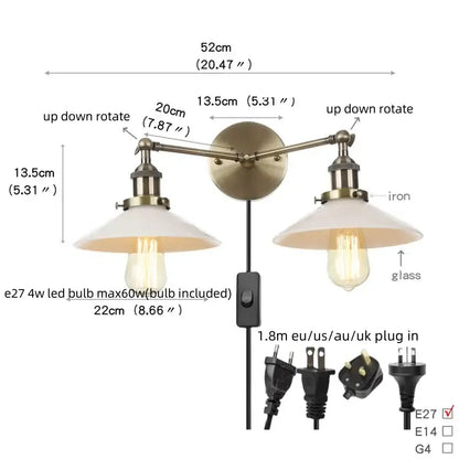 Vintage loft brass wall lamp with double arm frosted glass shades and edison led bulbs for decorbites industrial vintage