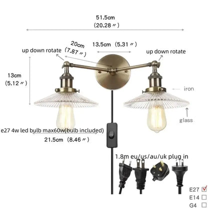 Vintage loft brass wall lamp with two adjustable arms and clear ribbed glass shades for industrial vintage decorbites use
