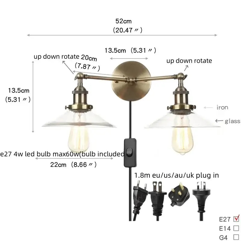 Vintage loft brass wall lamp with two adjustable arms and ribbed glass shades featuring exposed Edison bulbs by Decorbites industrial vintage