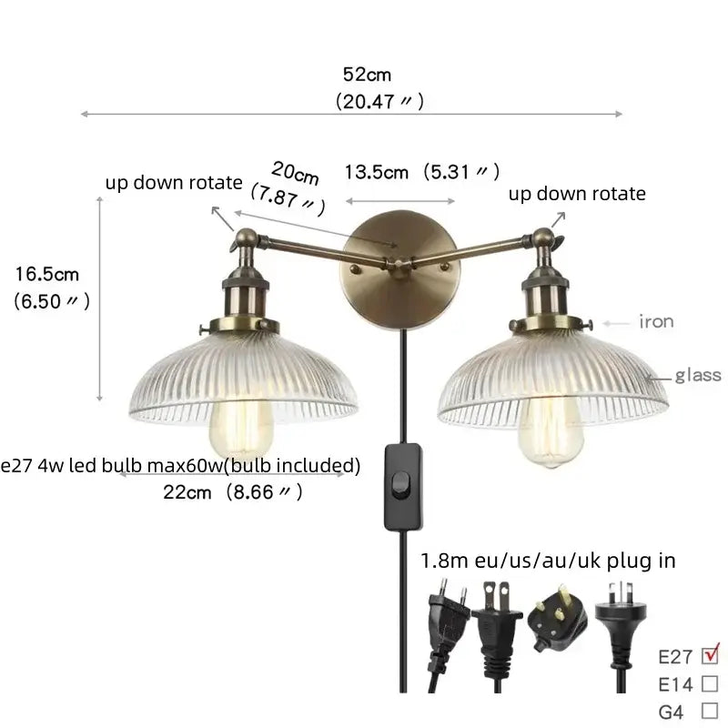 Vintage loft brass wall lamp with two adjustable arms and ribbed glass shades for bedroom decorbites industrial vintage style