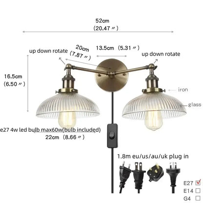 Vintage loft brass wall lamp with two adjustable arms and ribbed glass shades for bedroom decorbites industrial vintage style