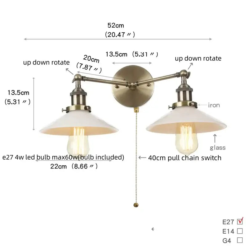 Vintage loft brass wall lamp with two adjustable arms and frosted ribbed glass shades for decorbites industrial vintage decor