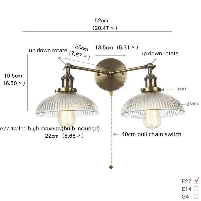 Vintage loft brass wall lamp with two ribbed glass shades and e27 led bulbs for bedroom decorbites industrial vintage