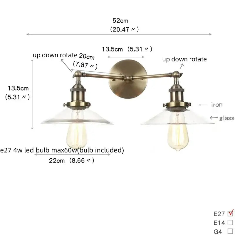 Vintage loft brass wall lamp with two adjustable arms and clear ribbed glass shades for decorbites industrial vintage style