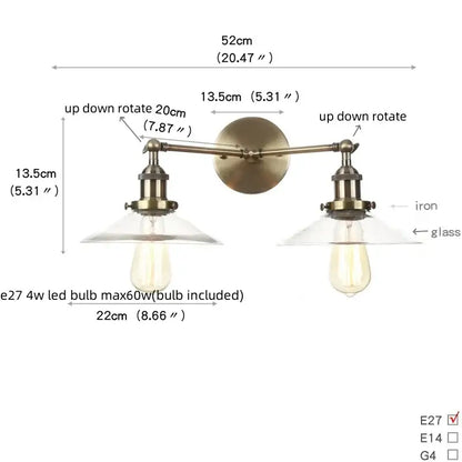 Vintage loft brass wall lamp with two adjustable arms and clear ribbed glass shades for decorbites industrial vintage style