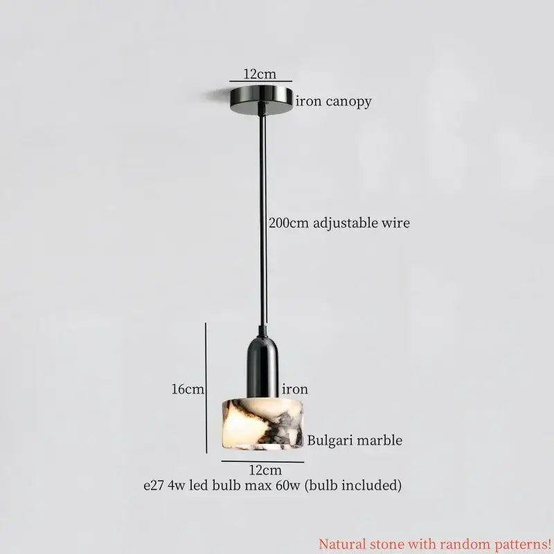 Black iron pendant light with adjustable wire and natural bulgari marble base for vintage decorbites glass ball led fixture