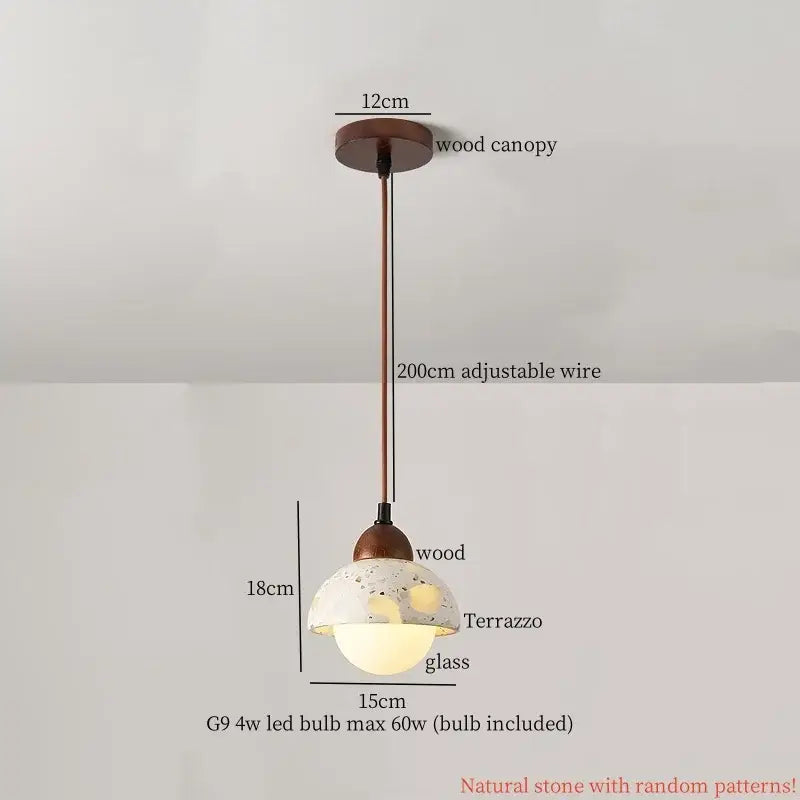 Vintage marbled glass ball led pendant light with wooden canopy, adjustable bronze wire, and 18cm terrazzo glass shade