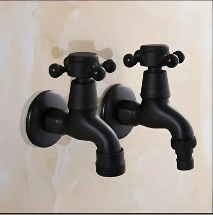 Vintage matte black dual handle washing machine faucet tap in black matte metal with cross handles and threaded hose connectors