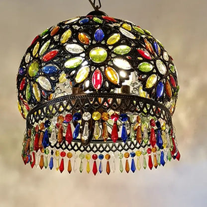 Vintage mediterranean colorful crystal chandelier featuring a vibrant dome-shaped mosaic light with black metal frame decorbites colorful