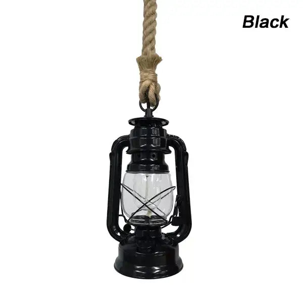 Black pendant light with clear glass globe metal construction and thick rope suspension for decorative presence
