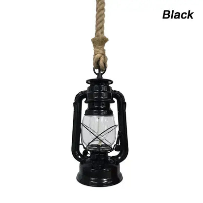 Black pendant light with clear glass globe metal construction and thick rope suspension for decorative presence