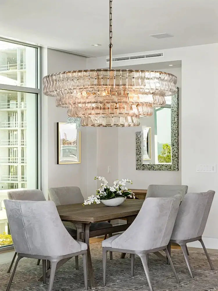 Vintage decorbites brown glass chandelier with multi-tier translucent glass segments and brass chain for dining room decor