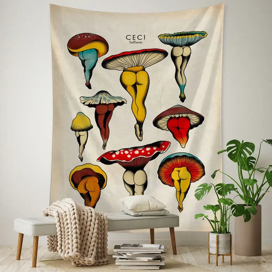 A beige vintage mushroom girl tapestry featuring colorful stylized mushrooms with human legs for boho decorbites cactus wall art decor
