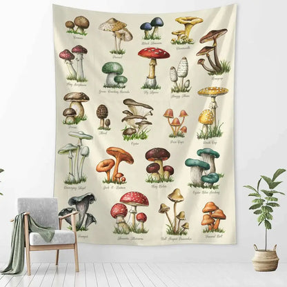 Beige vintage mushroom girl tapestry with detailed labeled mushroom illustrations for boho bedroom decorbites cactus decor