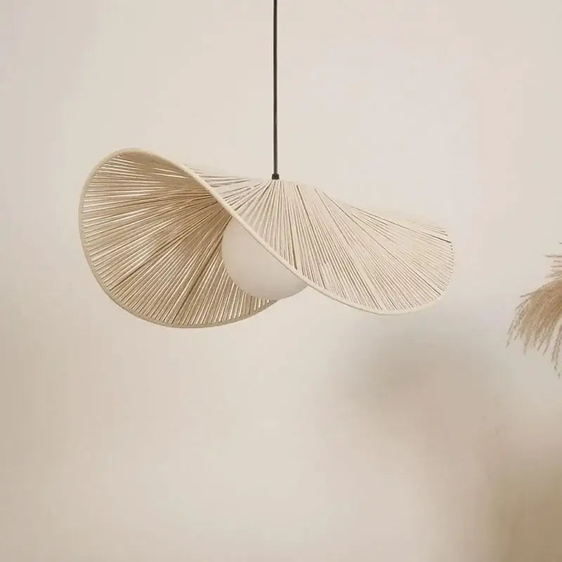 Beige woven rattan pendant lights with smooth white globe bulb in vintage off-white decorbites cotton rope hat chandelier