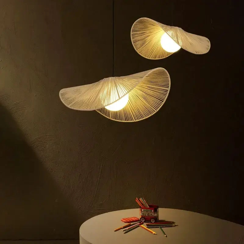 Two elegant cream-colored woven cotton rope hat pendant lights with a fan-like design for bedroom decorbites chandelier